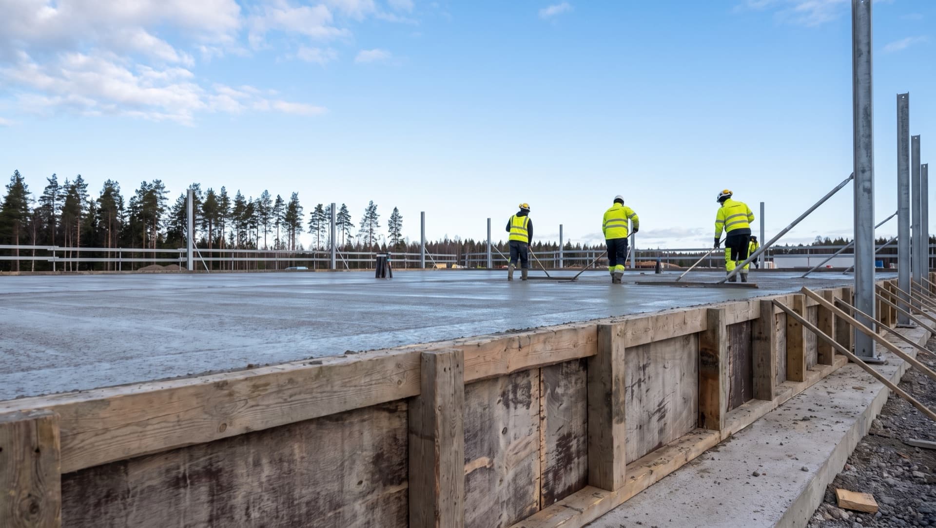 Concrete team and reinforcement details on active industrial site